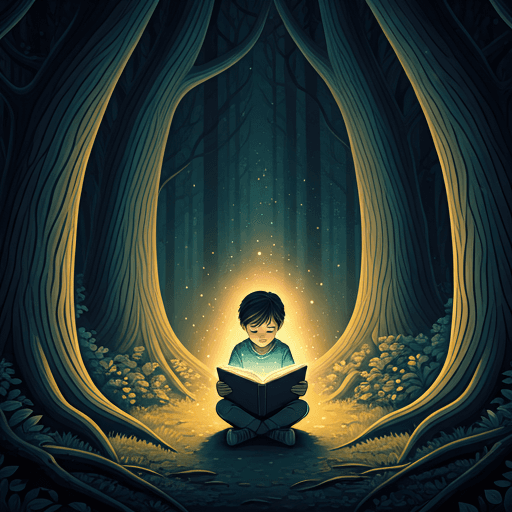 Illustration of a child reading a glowing book in a forest